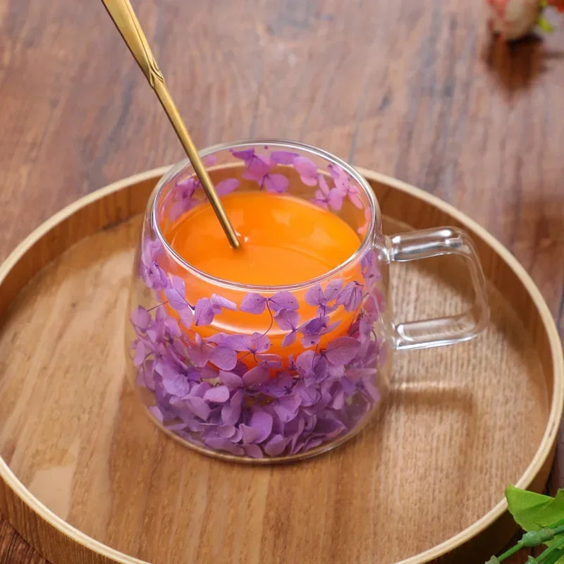 Bloom Infusion Double Wall Glass Mug – Clear Floral Tea & Coffee Cup with Floating Pink, Purple, Blue Flower Design