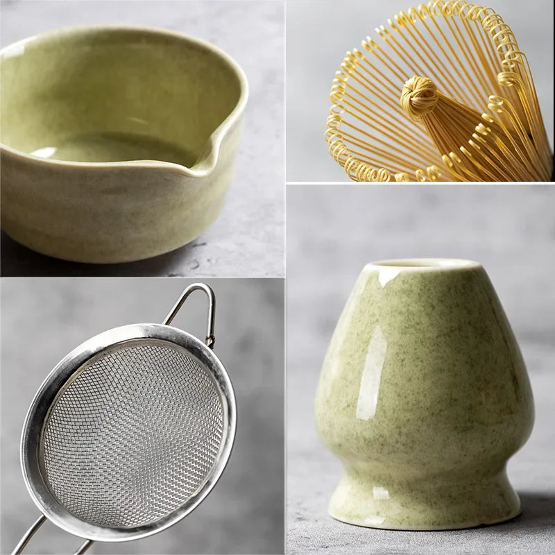 Matcha Tea Set with Ceramic Bowl & Bamboo Accessories – 4/5/6 Piece Traditional Japanese Matcha Kit in Sage Green
