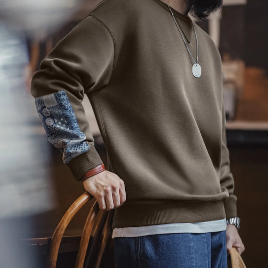 Renslow Patchwork Detail Crew Neck Sweatshirt – Men's Casual Pullover Jumper in Coffee & Cream