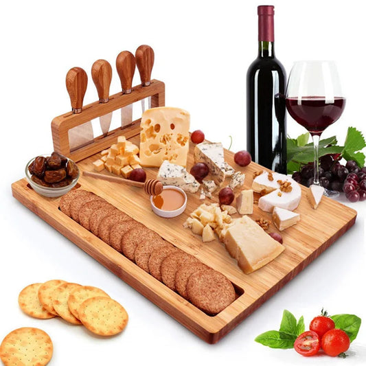 Bamboo Cheese Board with 4 Cheese Knives – Large Wooden Charcuterie Serving Board for Wine & Cheese Nights, Christmas Gifting & Party Hosting