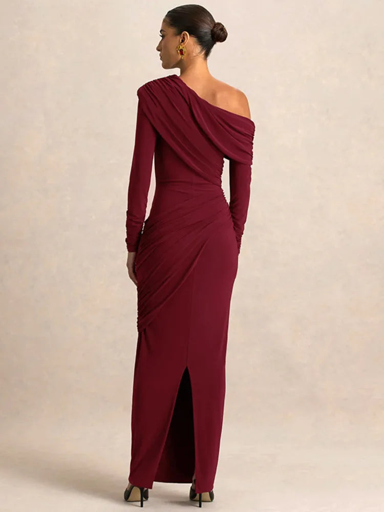 Calyssa Asymmetric One-Shoulder Ruched Maxi Dress – Long Sleeve Eveningwear & Wedding Guest Gown
