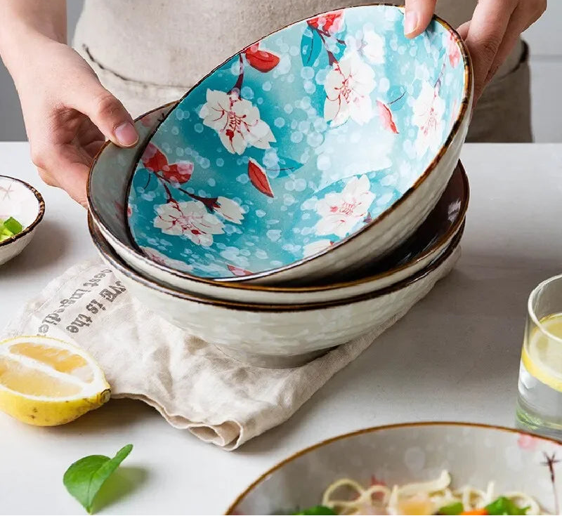 Sakura Ceramic Ramen Bowl – Japanese Style Floral Noodle Soup Rice Bowl Deep Serving Bowl Kitchen Tableware