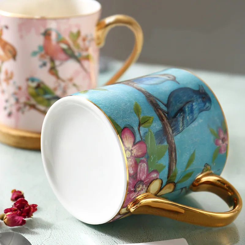Avirel Bird Print Ceramic Mug – Gold Handle Tea & Coffee Cup