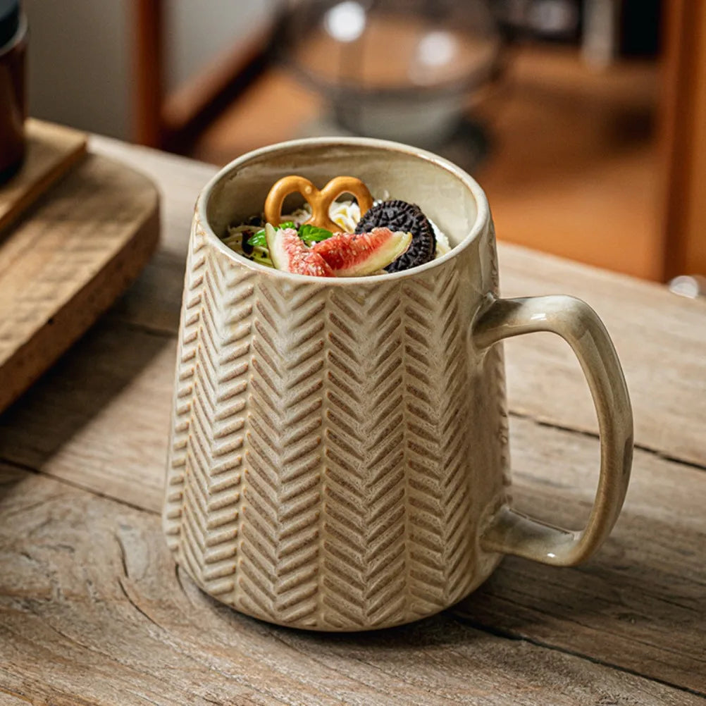 Wheat Weave Embossed Ceramic Mug with Wooden Lid & Spoon