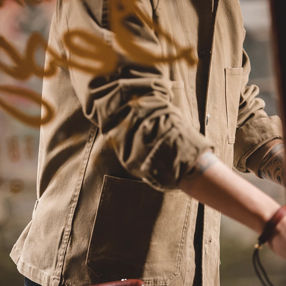 Elion Utility Jacket – Warm Stone Button-Up Men's Jacket with Flap Pockets & Classic Collar