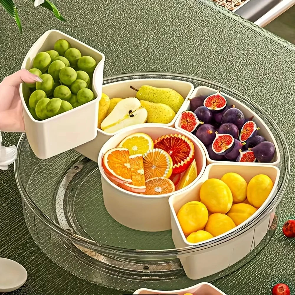 Round Rotating Food Storage Container – 6-Compartment Snack Box with Lid