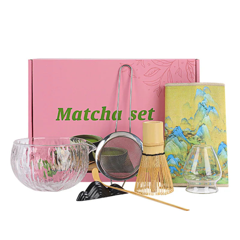 Glass Matcha Tea Set with Bamboo Whisk & Accessories – 4/5/7 Piece Japanese Gift Box