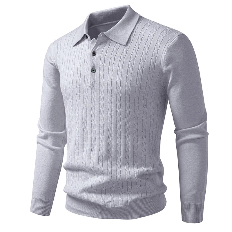 Mens Textured Knit Polo Jumper – Cable Knit Long Sleeve Pullover with Button Neck