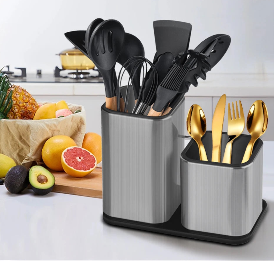 Dual Compartment Utensil Holder – Kitchen Cutlery and Cooking Tool Organiser for Worktop