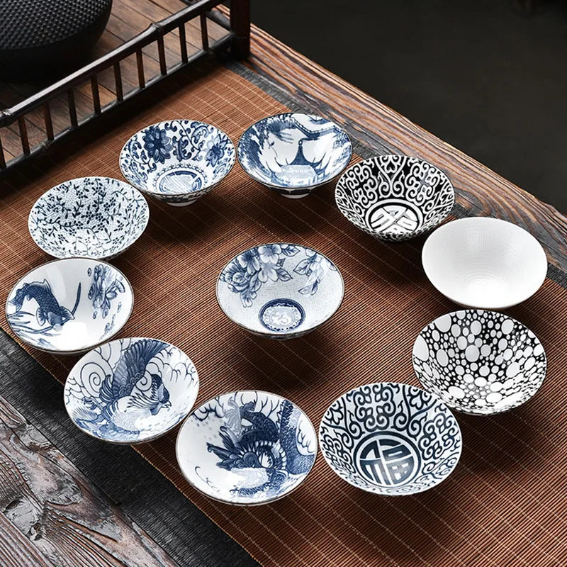 Renshiro Ceramic Tea Bowl Gift Set – 10 Piece Blue and White Tea Cups Set with Gift Box for Tea Serving and Tableware