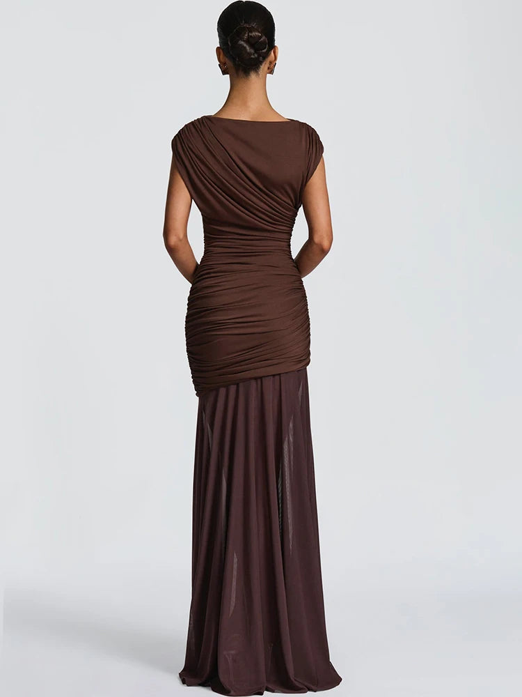 Vionna One Shoulder Ruched Mesh Bodycon Maxi Dress – Draped Evening Gown