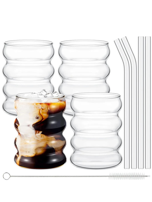 Ripple Glass Set with Reusable Straws – 4 Piece Clear Drinking Glasses for Cocktails, Iced Coffee & Juice