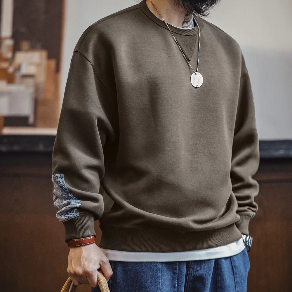Renslow Patchwork Detail Crew Neck Sweatshirt – Men's Casual Pullover Jumper in Coffee & Cream