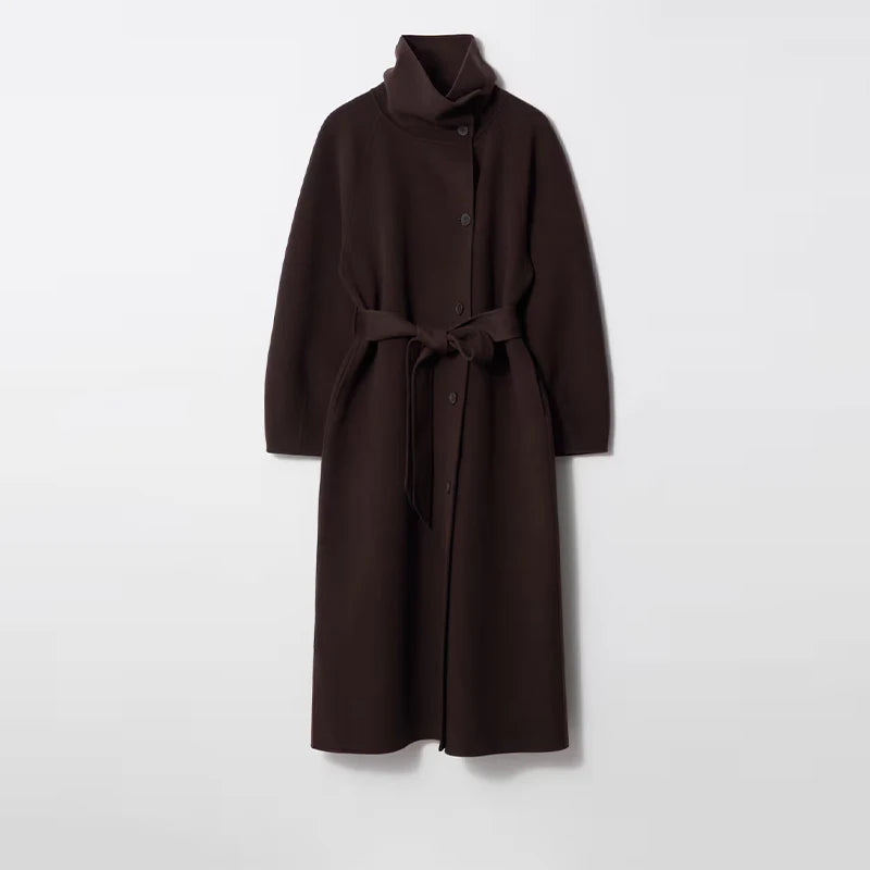 Adelisse Belted High Neck Wool Blend Maxi Coat – Women’s Longline Winter Overcoat with Statement Collar
