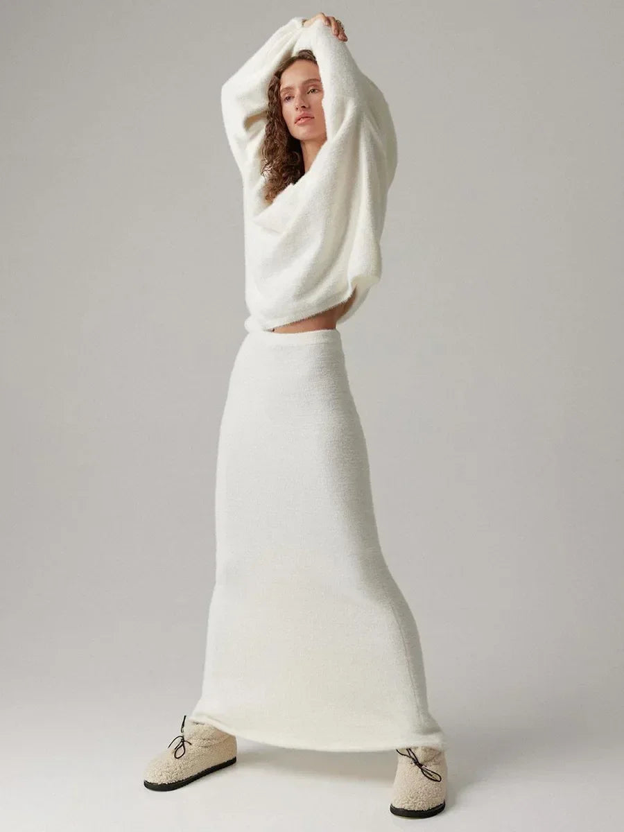 Malina Soft Knit Lounge Co-ord Set – V-Neck Jumper and Maxi Skirt in Pink, Cream and Beige