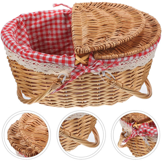 Vintage Wicker Picnic Basket with Lid – Traditional Hamper with Gingham Lining