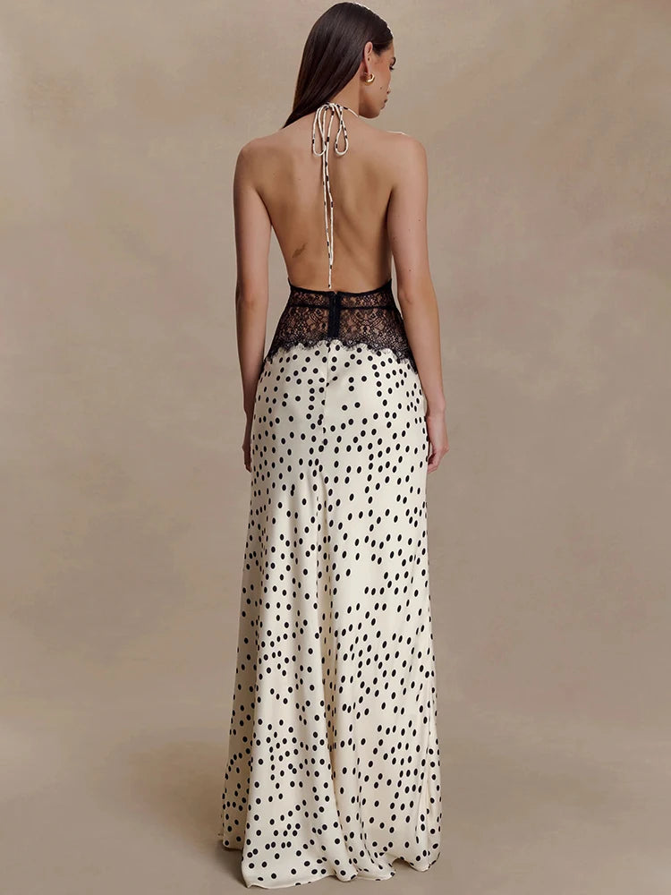 Valesia Halter Neck Polka Dot Maxi Dress with Lace Waist – Deep Plunge Evening Gown