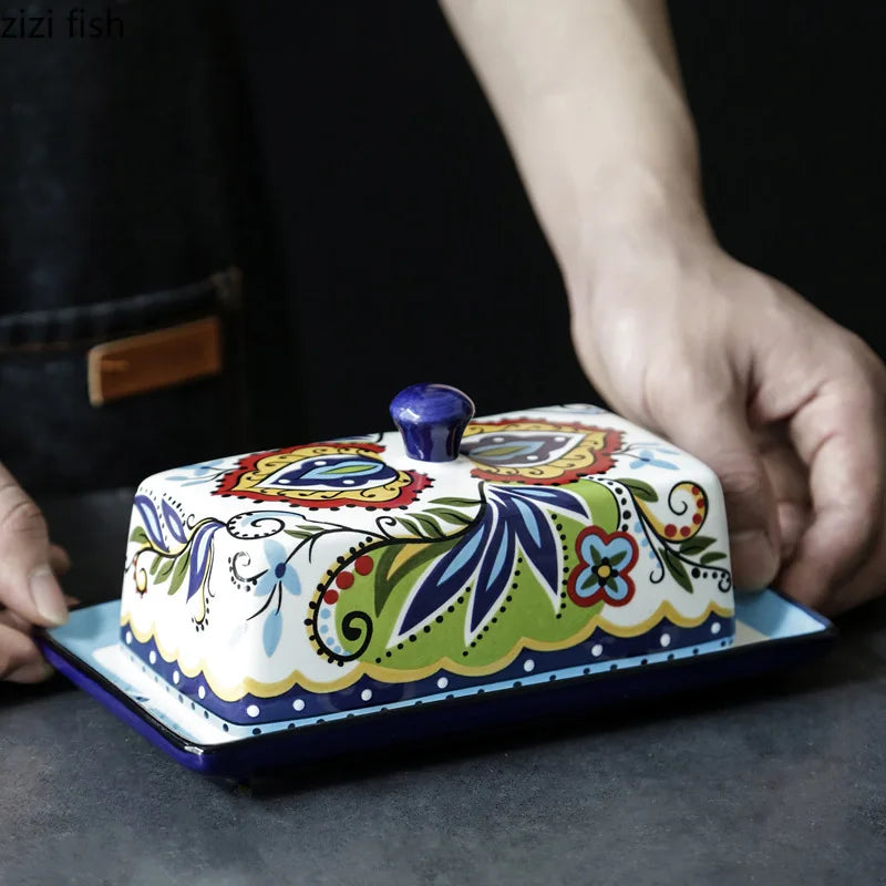 Meadow Garden Hand-Painted Ceramic Butter Dish with Lid – Covered Butter Dish Plate for Kitchen Butter Storage and Table Use