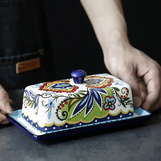 Meadow Garden Hand-Painted Ceramic Butter Dish with Lid – Covered Butter Dish Plate for Kitchen Butter Storage and Table Use