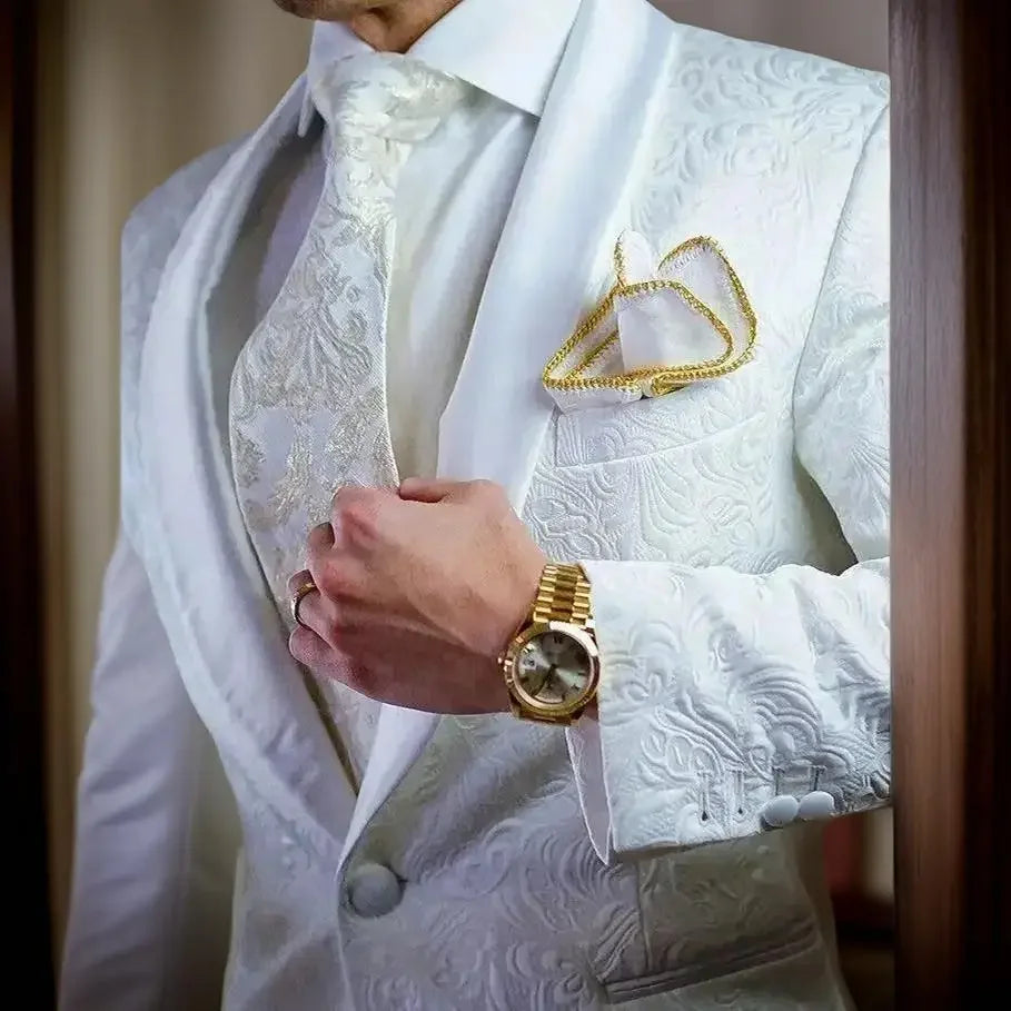 Braxford Men’s White Jacquard Shawl Lapel Blazer – Slim Fit Wedding Evening Tuxedo Jacket