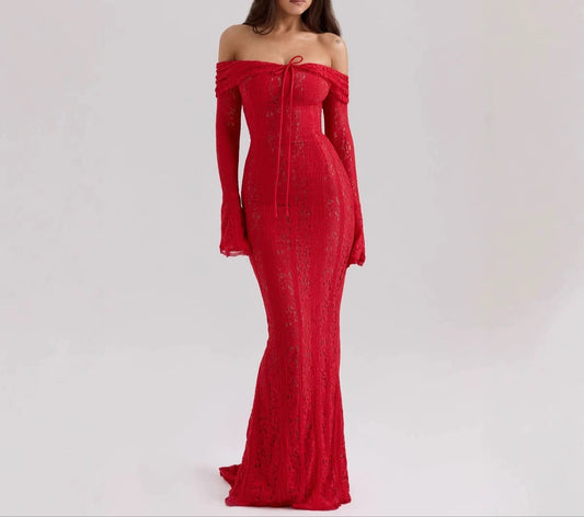 Sarisse Off Shoulder Lace Maxi Dress – Off Shoulder Long Sleeve Bodycon Evening Dress & Wedding Guest Gown
