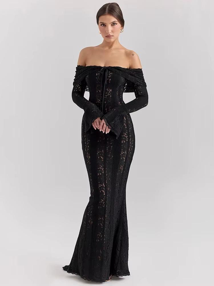 Sarisse Off Shoulder Lace Maxi Dress – Off Shoulder Long Sleeve Bodycon Evening Dress & Wedding Guest Gown