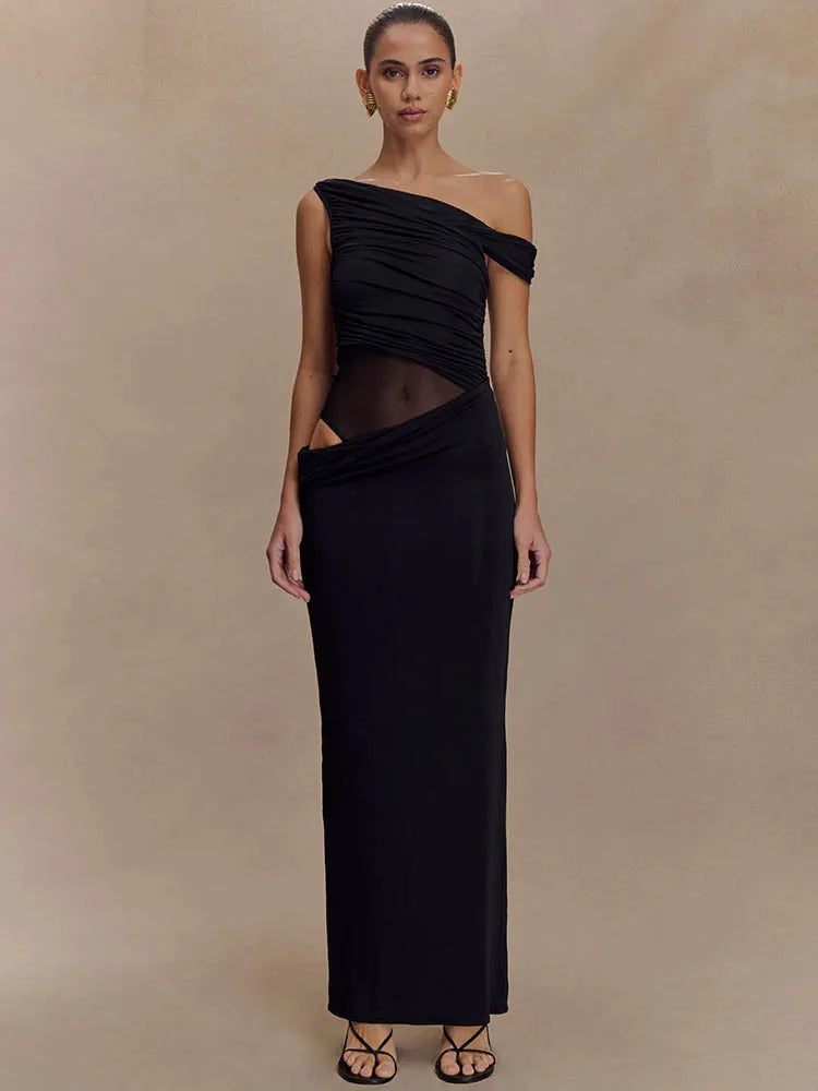 Marcelle One Shoulder Ruched Mesh Cut Out Maxi Dress – Black or Sage Green Summer Bodycon Gown