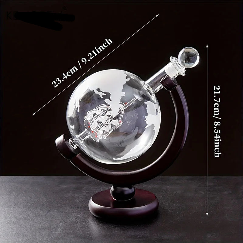 Globe Whiskey Decanter Set with Glasses – Etched Glass World Map Decanter on Wooden Stand
