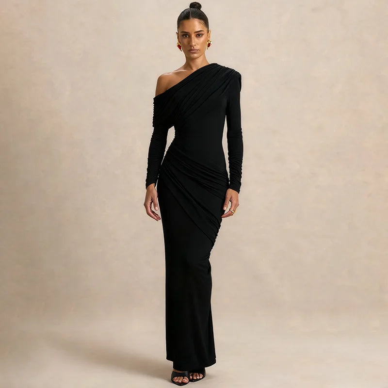 Calyssa Asymmetric One-Shoulder Ruched Maxi Dress – Long Sleeve Eveningwear & Wedding Guest Gown