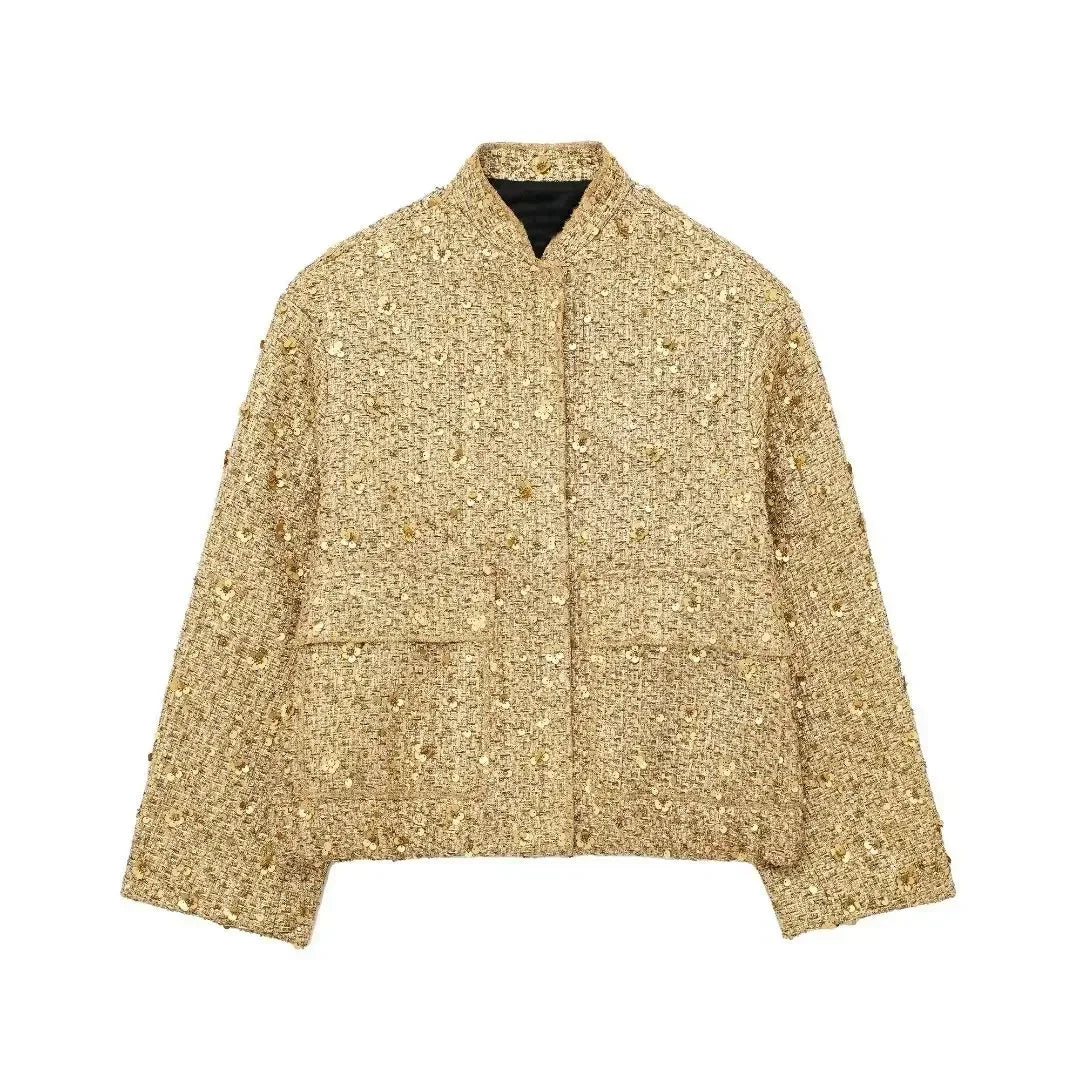 Averelle Sequin Bomber Jacket – Gold, Black & White Glitter Oversized Coat for Women
