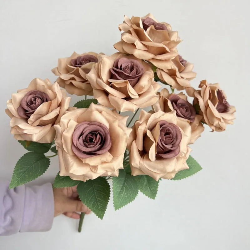 Rosara Silk Rose Bouquet – 9 Head Faux Rose Arrangement Decorative Flower Bunch