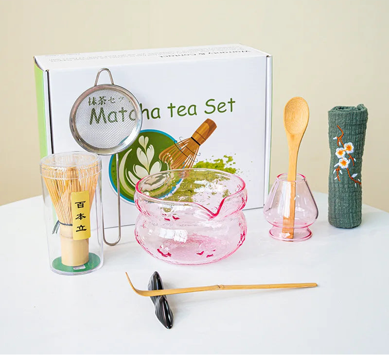 Akari Glass Matcha Tea Set – Pink & Purple Matcha Bowl Kit with Whisk, Scoop and Strainer, Complete Matcha Starter Gift Set