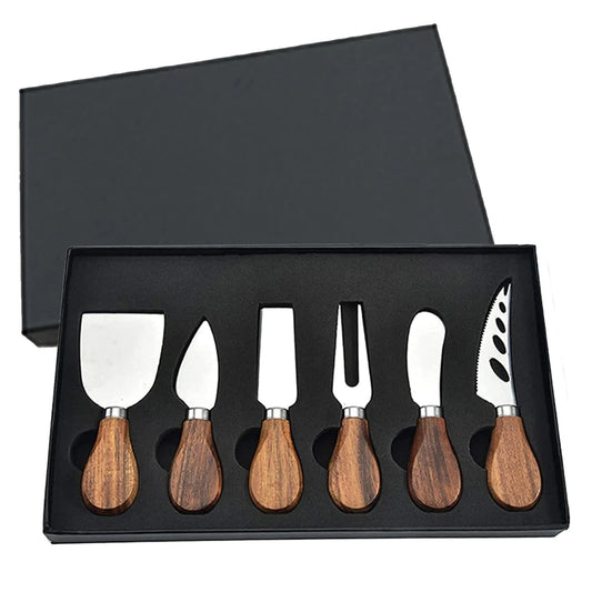 6-Piece Wooden Handle Cheese Knife Set – Stainless Steel Cutlery for Charcuterie and Cheese Boards