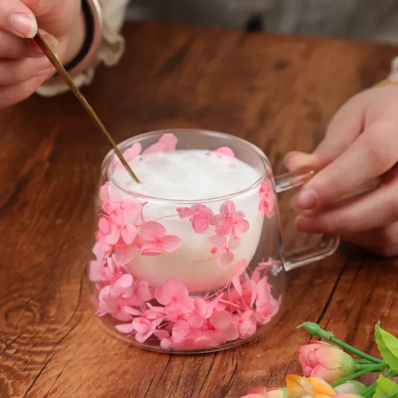 Bloom Infusion Double Wall Glass Mug – Clear Floral Tea & Coffee Cup with Floating Pink, Purple, Blue Flower Design