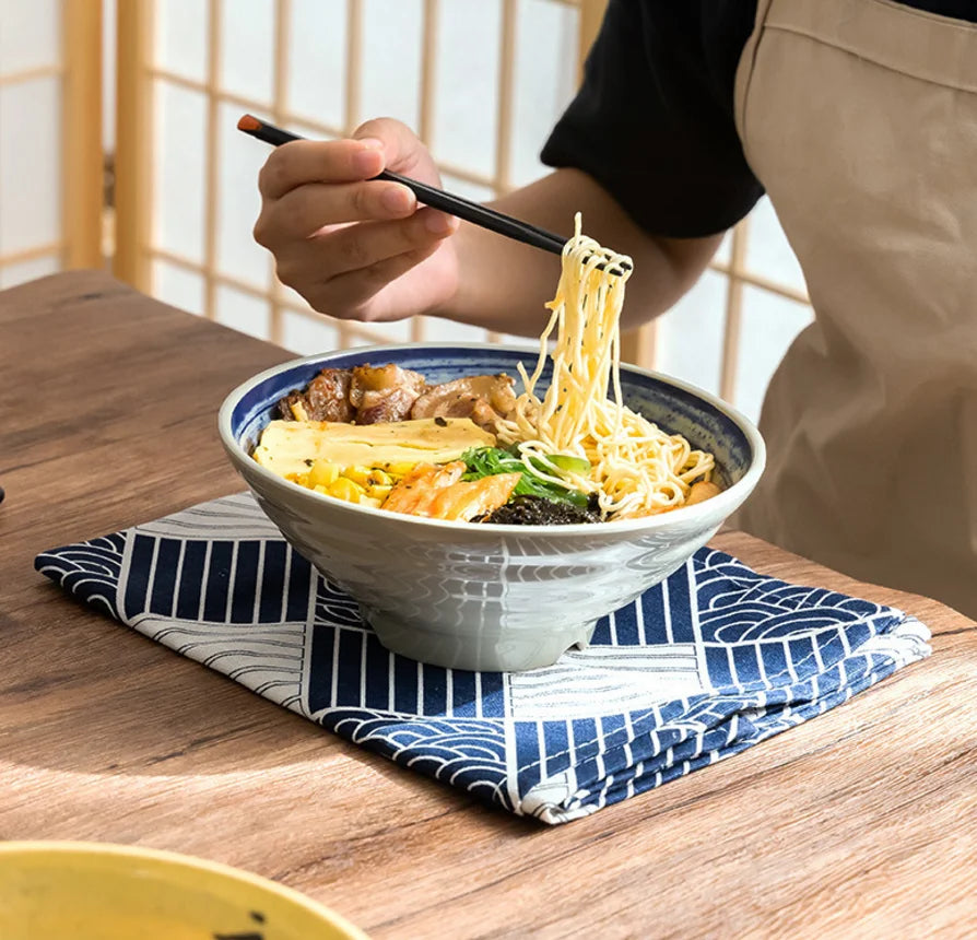 Hand-Painted Noodle Bowls – Large, Medium, Small Ramen, Pho & Soup Bowl Set in Brown, Blue, Green, Yellow