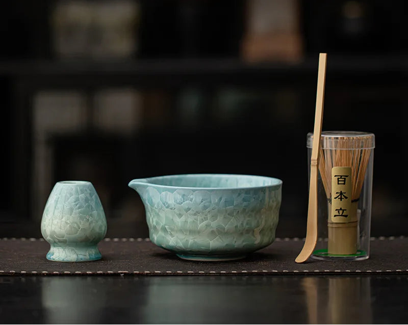 Hyoka Glaze Ceramic Matcha Tea Set – 4 Piece & 8 Piece Matcha Starter Kit, Matcha Bowl with Whisk, Scoop, Strainer and Accessories