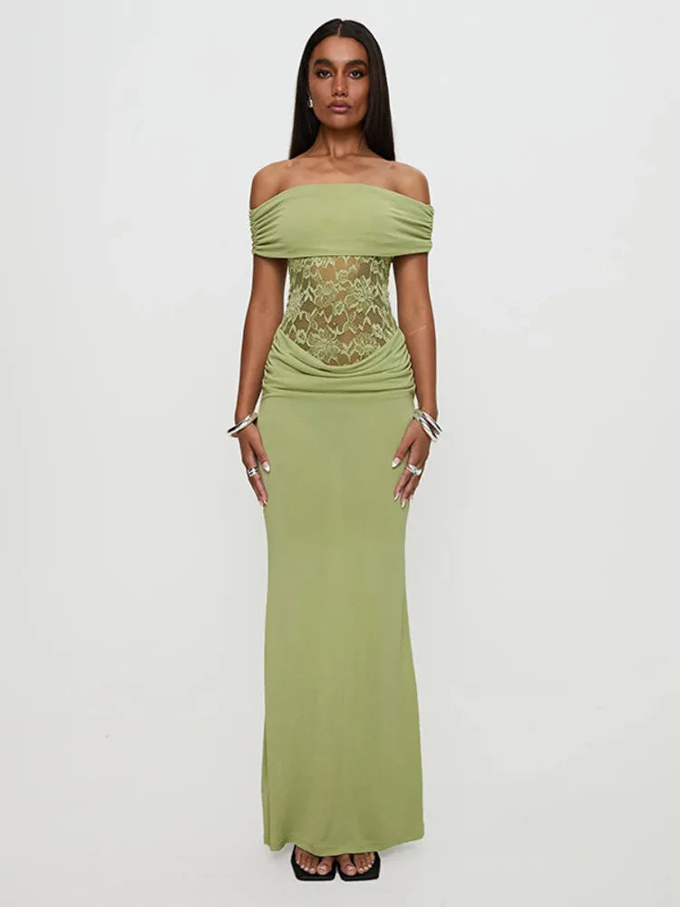 Eloria Off Shoulder Lace Maxi Dress – Bodycon Evening Dress, Elegant Green Party & Occasion Dress