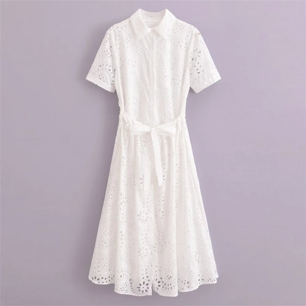 Marseille White Broderie Midi Shirt Dress – Short Sleeve Summer Dress with Tie Waist