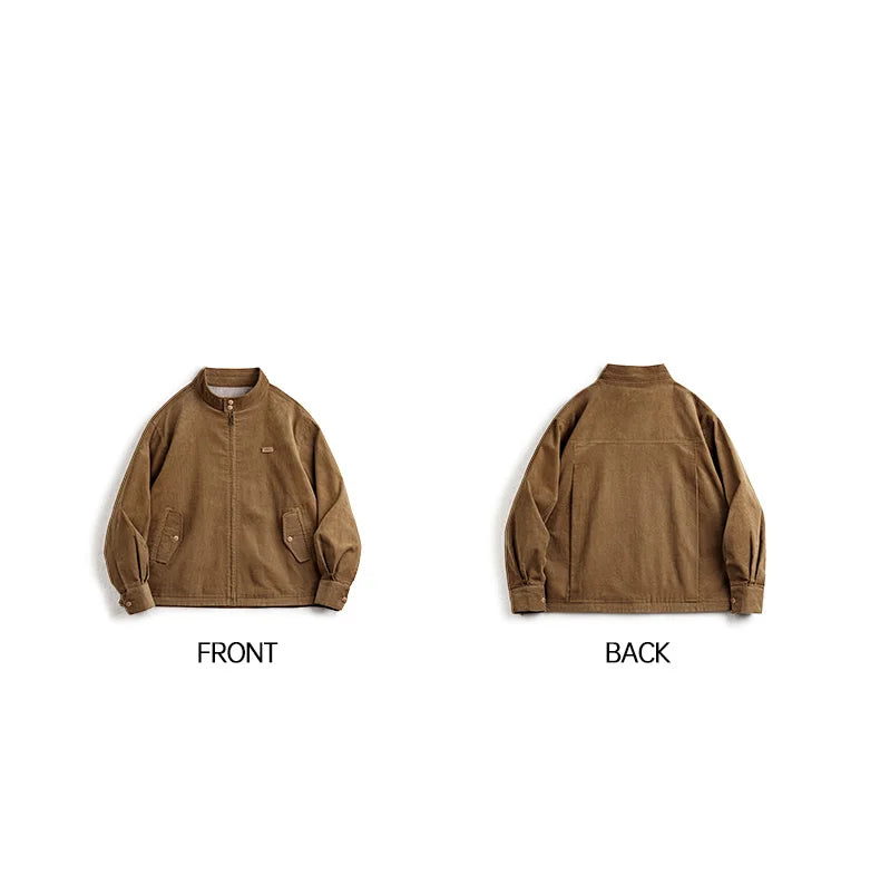 Harron Men’s Corduroy Jacket – Brown Zip Through Casual Jacket with Stand Collar and Pocket Detail