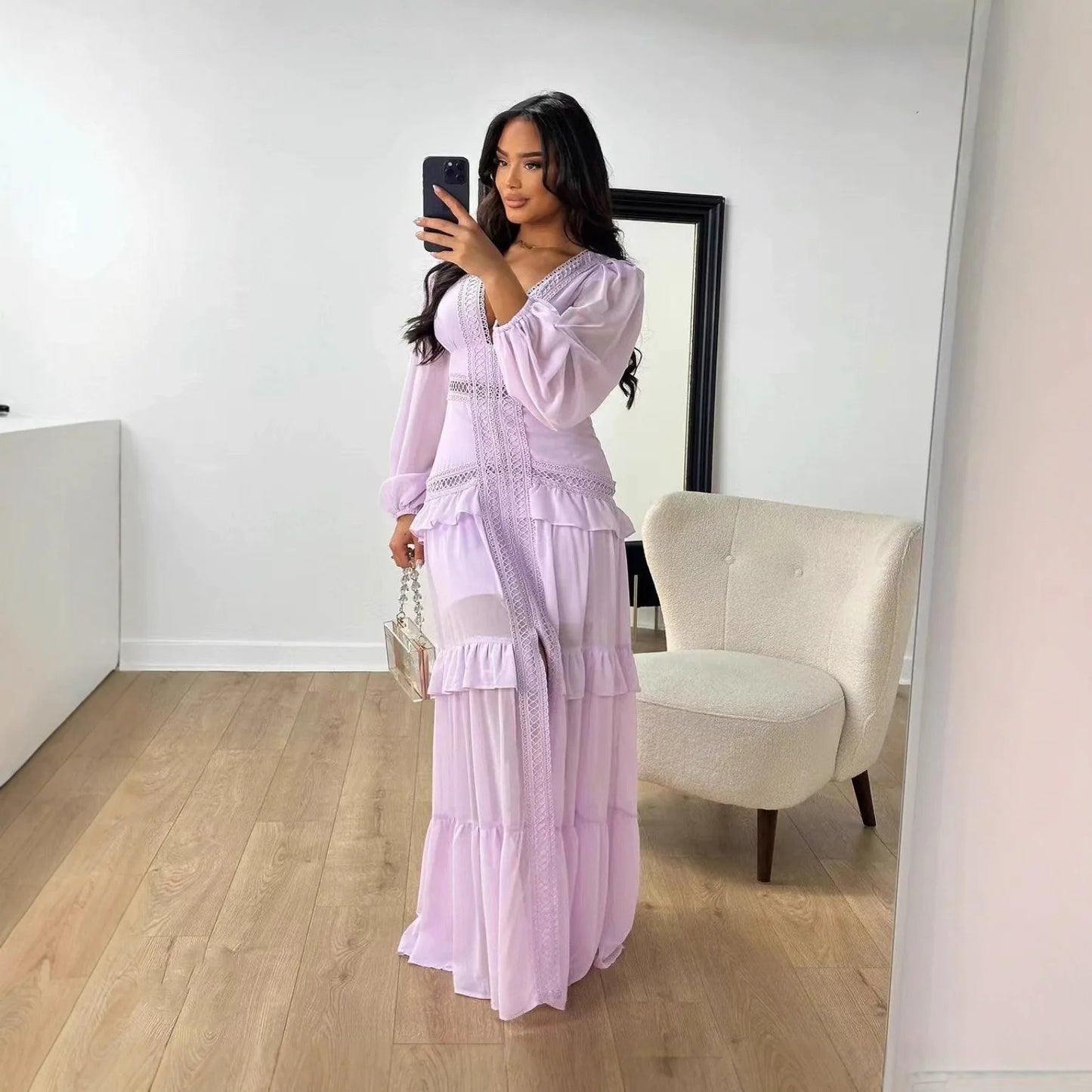 Seralyn Tiered Maxi Dress with Long Sleeves – V-Neck Wedding Guest Dress, Holiday Dress & Occasion Maxi