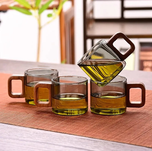 Kado Heat-Resistant Glass Coffee & Espresso Cups with Wooden Handles