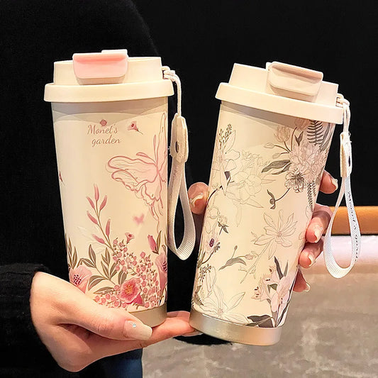 Floral Stainless Steel Travel Cup with Lid & Strap – Double Wall Insulated Coffee & Tea Tumbler 500ml