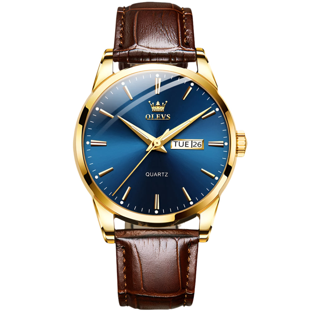 Men's Luxury Gold Watch With Leather Strap And Day/Date Display