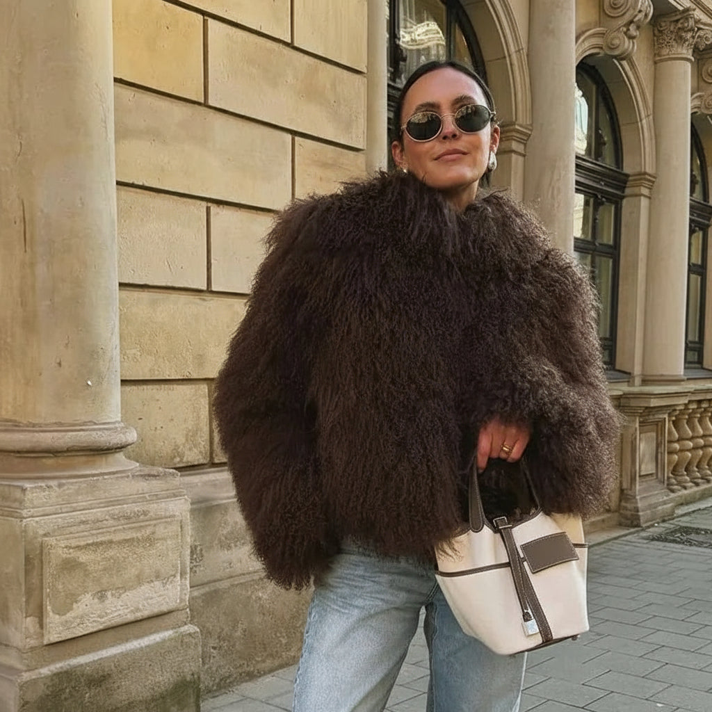 Calverra Shaggy Faux Fur Cropped Jacket – Women’s Luxury Fluffy Winter Coat and Statement Outerwear