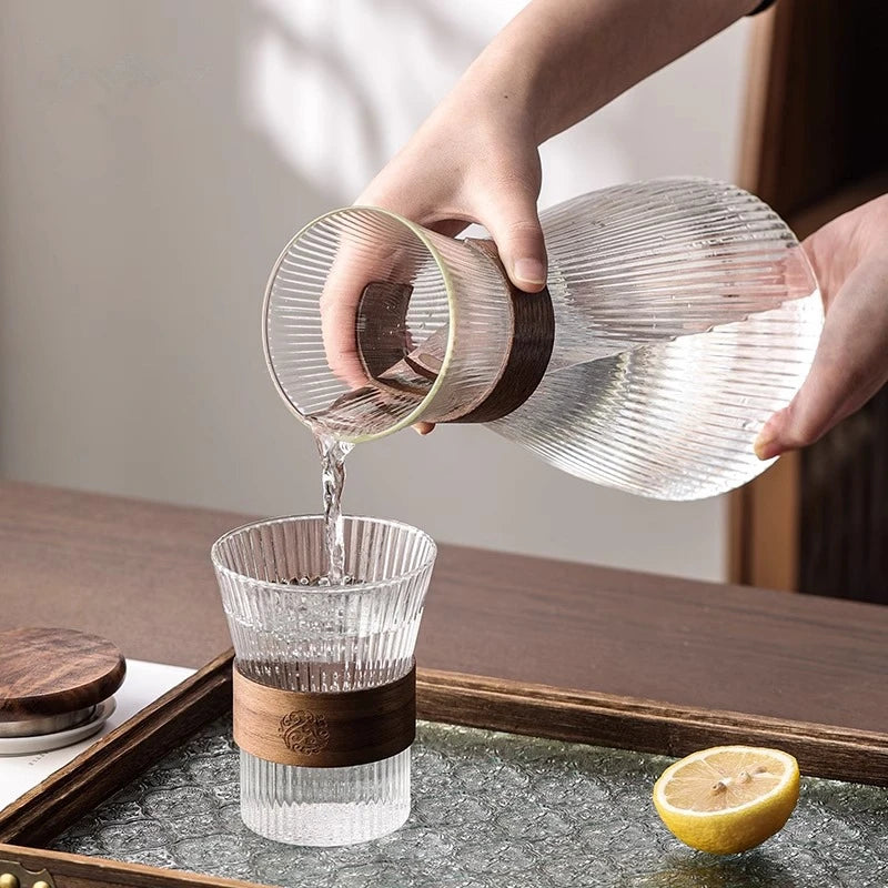 Ribbed Glass Carafe & Tumbler Set with Wooden Lid, Stand and Tray – Elegant Water & Juice Pitcher for Dining and Entertaining