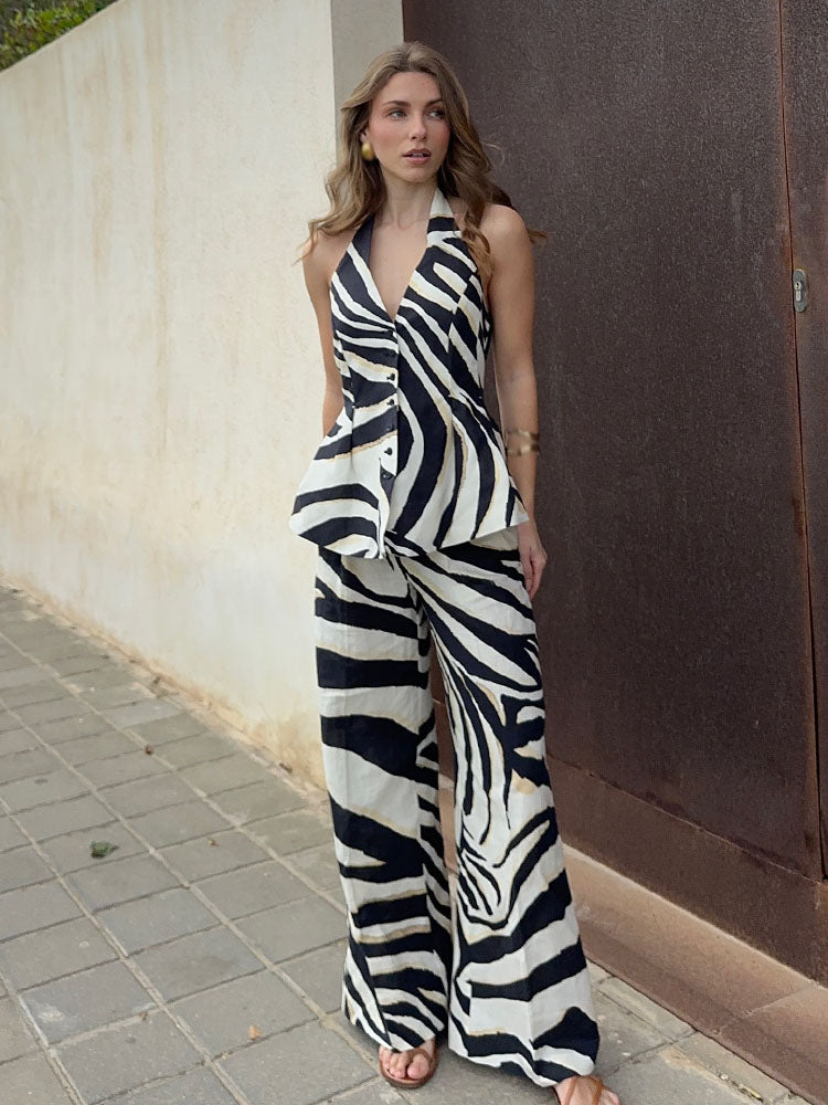 Zaraya Zebra Print Halter Waistcoat & Wide Leg Trousers Co-Ord – Bold Monochrome Two Piece Outfit for Summer and Holiday