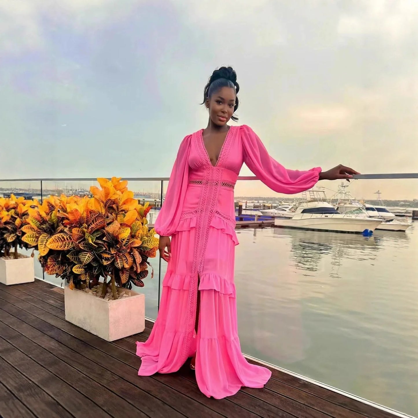 Seralyn Tiered Maxi Dress with Long Sleeves – V-Neck Wedding Guest Dress, Holiday Dress & Occasion Maxi