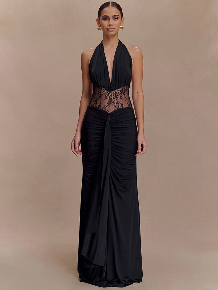 Alessine Lace Halter Maxi Dress – Sheer Panel Ruched Evening Gown for Wedding Guest & Partywear