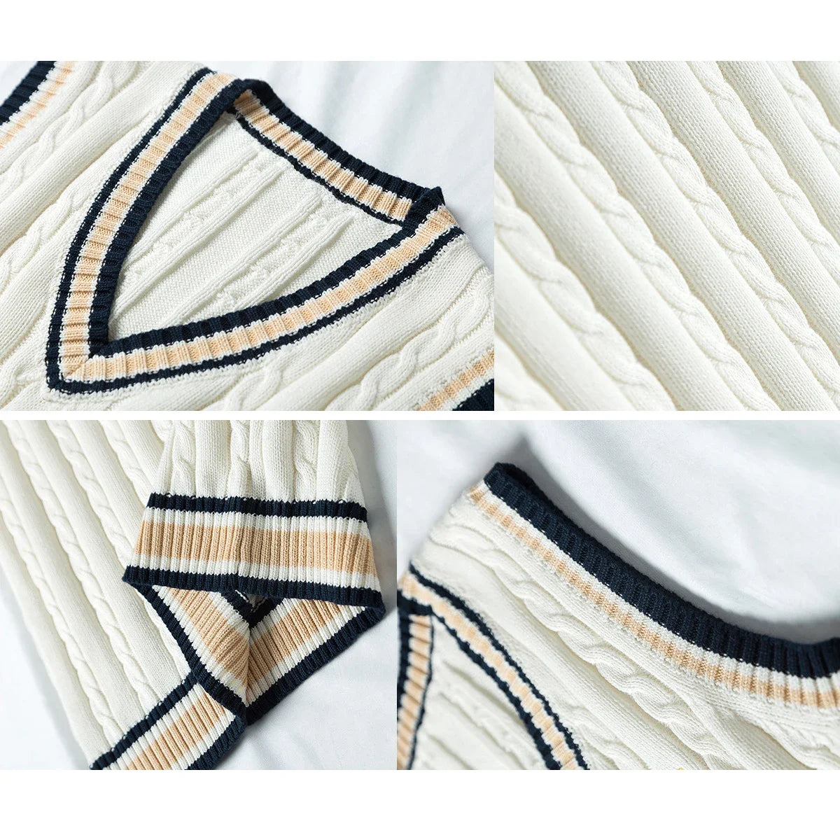 Sleeveless Cable Knit Vest with Stripe Trim – White & Navy Pullover Jumper Top for Men
