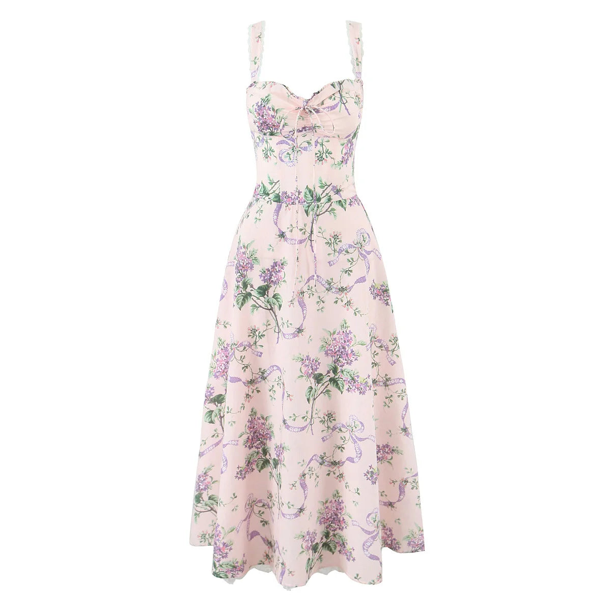 Saphira Floral Corset Maxi Dress – Soft Pink or Lemon Yellow Summer Occasion Dress with Tie Front Bodice